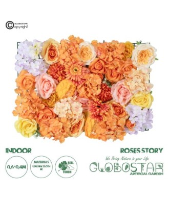 GloboStar® Artificial Garden ROSES STORY 20354 Τεχνητό Διακοσμητικό Πάνελ Λουλουδιών - Κάθετος Κήπος σύνθεση Πορτοκαλί & Ροζ Τριαντάφυλλα Μ40 x Π60 x Υ12cm